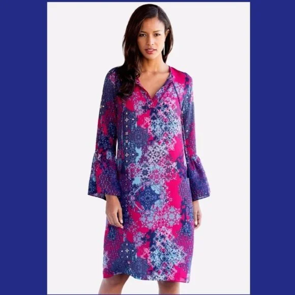 Roaman's Multi Print Flare Bell Sleeve Dress - Picture 1 of 3